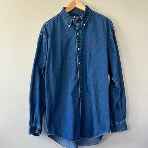 Vintage 90s Polo Ralph Lauren Blaire Button Down Denim Jean Shirt Dark Wash Sz L
